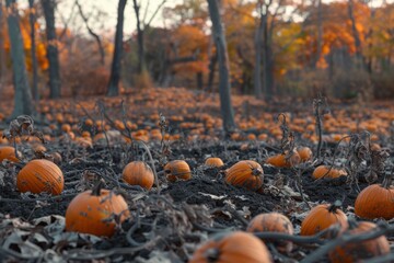 pumpkin patch in an autumn forest, with numerous pumpkins scattered across the dark soil