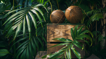 Two coconuts resting on a wooden box next to a lush green