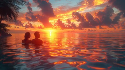 Wall Mural - Romantic Couple Enjoying a Stunning Tropical Sunset in the Ocean with Vibrant Colors and Dramatic Clouds