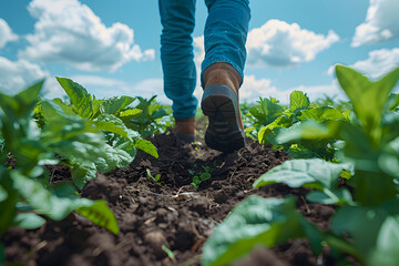 Low Angle View Of Farmer Walking Through Green Lush Field In Boots