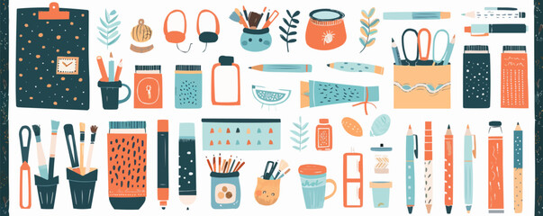 Scrapbooking supplies and decorative paper for DIY projects on a plain white backdrop. Vector flat isolated illustration.