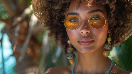 Stylish Woman with Curly Hair and Sunglasses Enjoying a Sunny Day Outdoors in a Tropical Setting