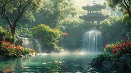 Wall Mural - Serene Japanese Garden with Waterfalls and Traditional Pagoda Surrounded by Lush Greenery and Vibrant Flowers in a Tranquil, Misty Morning Setting