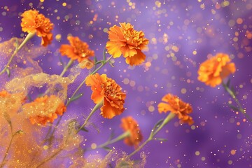 marigold flowers covered in golden glitter flying against purple background for Halloween or Dia de los Muertos