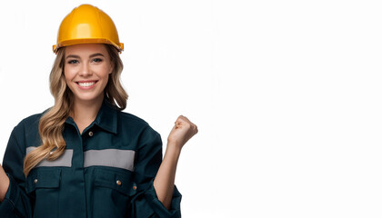 A panoramic image showcasing a striking young blonde woman dressed in overalls and a helmet, positioned against a white background that provides plenty of room for text.