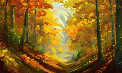oil painting of fall autumn landscape with colorful golden yellow orange and red maple tree leaves
