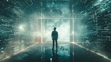 Wall Mural - A futuristic image of a person standing in a digital space. The scene features neon lights and holographic elements. Captured in a cyberpunk style.
