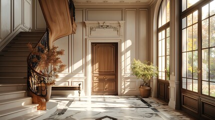 Wall Mural - A beautifully designed interior of a luxurious foyer featuring a grand staircase, large windows, and elegant decor. 