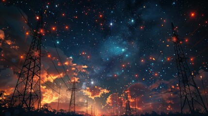 A starry night sky illuminated by glowing lights with power lines and towers silhouetted against it