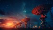 © Irina Ukrainets - Giant satellite dishes under a starry night sky. Radio telescopes pointing towards space. Captivating astronomy and technology scene. Ideal for science, space, and technology projects. AI