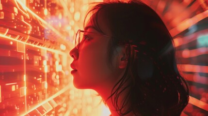 Wall Mural - profile of a young woman with glasses gazing at digital lights. vibrant futuristic neon background. 