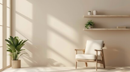 Wall Mural - Modern armchair in beige living room with shelves and plant mockup with copy space