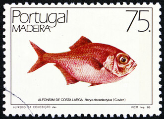 Wall Mural - Postage stamp Portugal 1986 alfonsino, beryx decadactylus, a species of deepwater fish