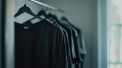 Wall Mural - Black T-Shirts Hanging on a Rack