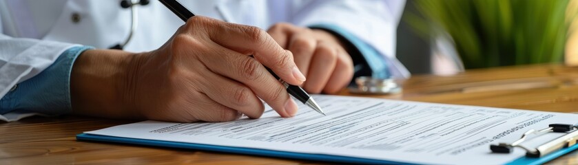 A medical professional fills out paperwork at a desk, focusing on a form using a pen, highlighting attention to detail and documentation.