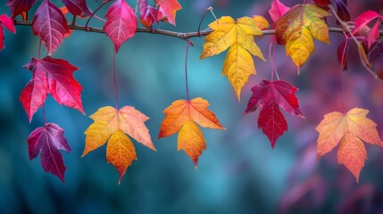 Colorful autumn maple leaves hanging from a branch