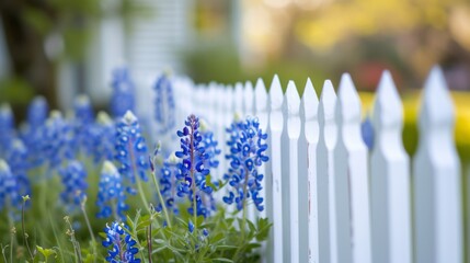 Wall Mural - Bluebonnets growing along a white picket fence