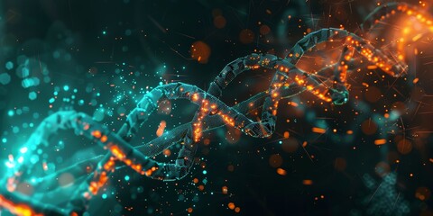 Wall Mural - DNA double helix with glowing particles on dark background, turquoise and orange color scheme, highly detailed