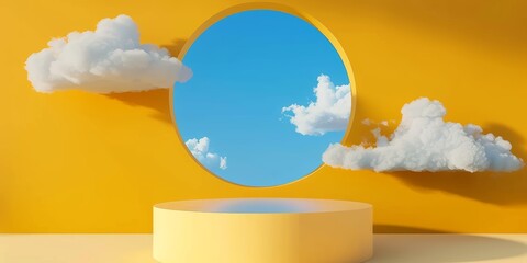 Wall Mural - 3d render, abstract background with blue sky inside the window on the yellow wall. white clouds fly 