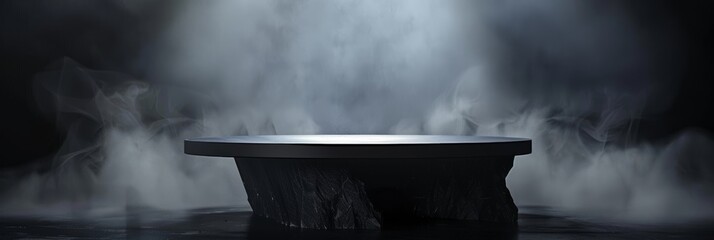 Wall Mural - podium black dark smoke background product platform abstract stage texture fog spotlight. dark black