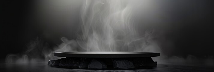 Wall Mural - podium black dark smoke background product platform abstract stage texture fog spotlight. dark black