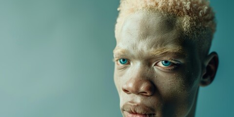 Wall Mural - studio portrait of albino African American man with blue eyes , copy space 