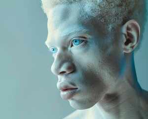 Wall Mural - studio portrait of albino African American man with blue eyes , copy space 