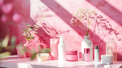 Wall Mural - Beauty and cosmetic products for women in a room with pink decor Feminine beauty and care theme