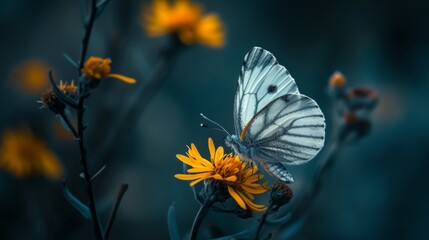 Wall Mural - White butterfly resting on a Golden Crownbeard flower