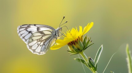 Wall Mural - White butterfly resting on a Golden Crownbeard flower