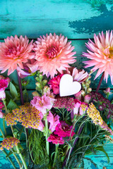 Wall Mural - Summer autumn flowers - bouquet of dahlias with heart -  greeting card - congratulations - for your birthday, wedding, anniversary, Mother's Day
