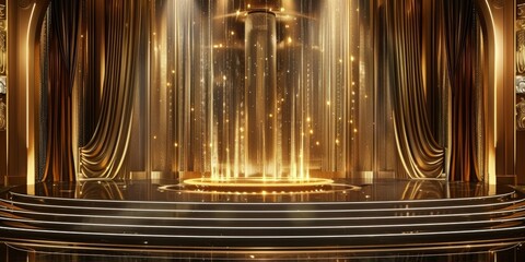 Wall Mural - elegant podium with golden curtains on stage in luxurious theater interior