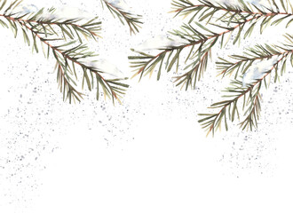 snow on spruce branch with needles banner. it is snowing in winter. christmas fir tree twig watercol