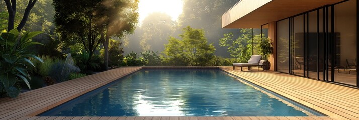 Wall Mural - Empty wooden deck with swimming pool