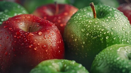 Poster - Close-up of fresh red and green apples with water droplets on them. The image shows a variety of apples in natural light. Perfect for food photography and advertisements. Vibrant colors. AI.