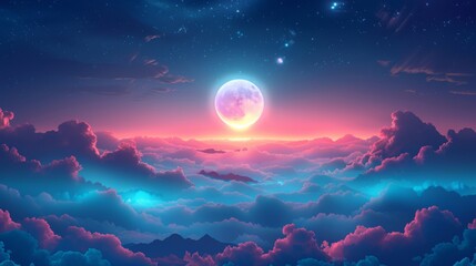 Wall Mural - A luminous full moon shines above a sea of clouds casting a pink glow on the sky
