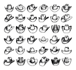 Wall Mural - Cowboy Hats Engraving Style Set Vintage Western Headwear Line Sketch Crisp Contours Classic Cowboy Hats Graphic Design Elements Rustic Fashion Rodeo Gear Wild West Accessories