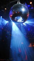 Glistening disco ball with blue spotlights in club.