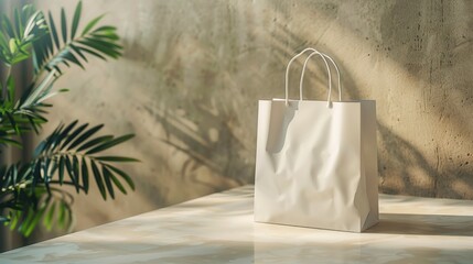 A white paper bag sitting on a marble surface with natural light and a blurred background