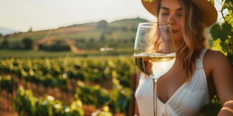 Wall Mural - sipping white wine in a sunny vineyard. concept vineyard photoshoot, wine tasting, summer outfit ins