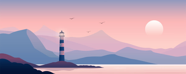 Wall Mural - Lighthouse on the shore of a beautiful ocean bay. 
Beautiful landscape of a sea lighthouse on a rocky coast, stunning mountains and a red sunset with a rising moon. Panoramic seascape.