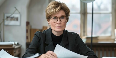 Poster - A woman reviews documents at her desk. AI.