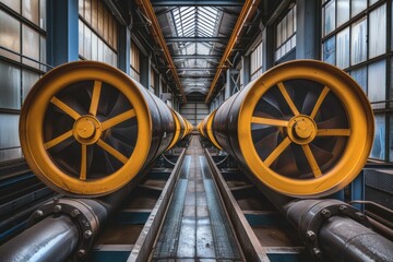 Poster - Industrial machinery with large yellow and black fans. AI.