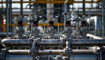 Canvas Print - A row of industrial valves and gauges. AI.