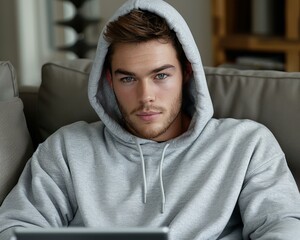 Poster - A young man wearing a gray hoodie sits on a couch. AI.