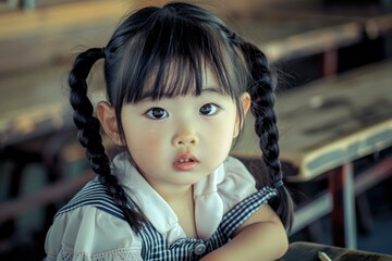 Wall Mural - A young girl with pigtails looks at the camera. AI.