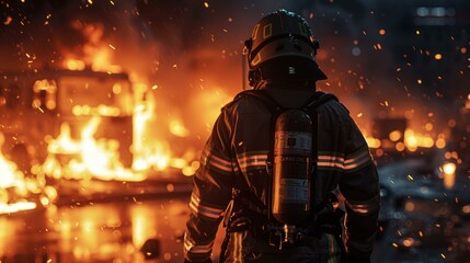 Wall Mural - A firefighter stands in front of a burning car. AI.