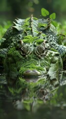 Sticker - A crocodile blends seamlessly with its mossy surroundings. AI.