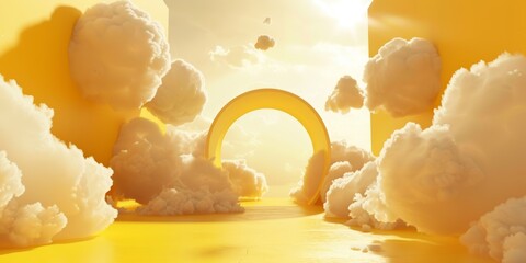 Wall Mural - 3d render, abstract minimal yellow background with white clouds flying out the tunnel 3d render, abs