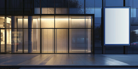 Aufkleber - Modern empty office building entrance with big blank billboard mockup at night